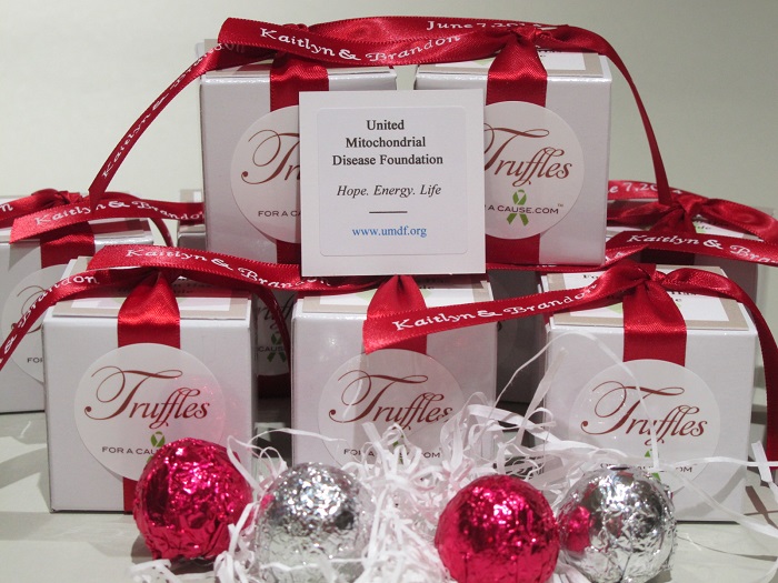 Kaitlyn & Brandon's foil favors - chocolate wedding favors for United Mitochondrial Disease Foundation.