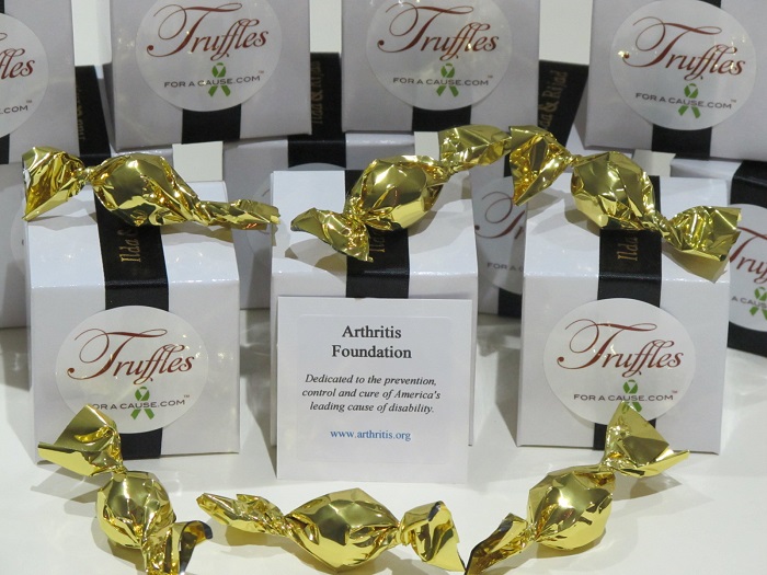 Front group shot of Boxed Mini favors-chocolate wedding favors with black ribbons. for the Arthritis Foundation.