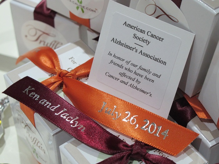 Close-up of charity card and printed ribbons for Ken & Jaclyn's chocolate wedding favors for cancer & Alzheimer's.