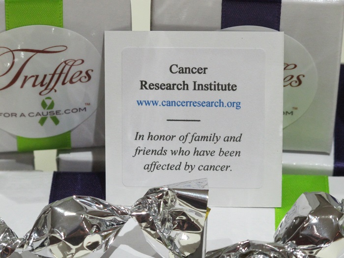 Close-up of personalized special mention on Lynn's charity card - chocolate wedding favors for the Cancer Research Institute.