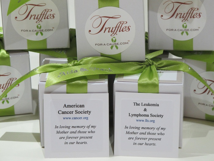 Group photo of chocolate wedding favors for Aida & Frank showing charity cards.