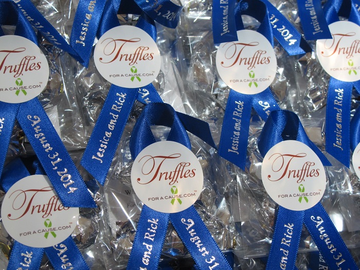 Mini favor group with royal blue ribbons - chocolate wedding favors for charity awareness.