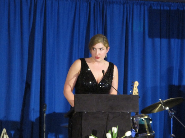 Kate giving keynote address at NH JDRF Gala - chocolate favors.