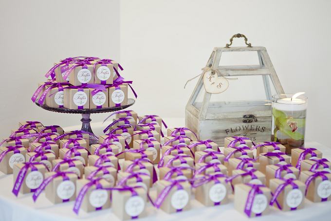 Lupus donation -Chocolate wedding favors with purple ribbons on 1 piece boxes with 2 large foil truffles inside