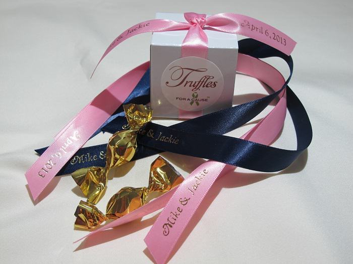 DIY favor sample - chocolate wedding favor with navy and pink ribbons surronding our Boxed Mini Favor