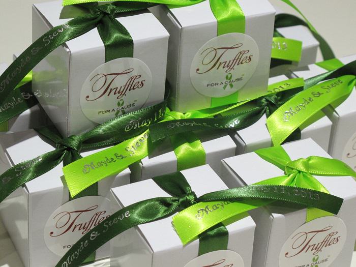 Chocolate wedding favors with new chartreuse & left ribbons for Wounded Warrior WWP.