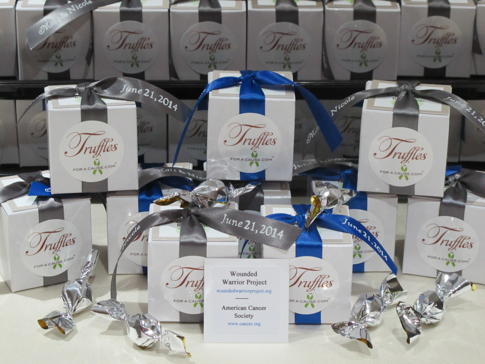 Different type of favor - chocolate wedding favors for Nicole & Matt with royal blue and pewter ribbons. 