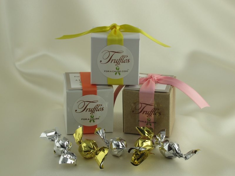 Boxed Mini Favor display with silver & gold chocolate mini truffles inside.