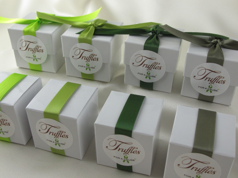 New chartreuse, Lemon Grass, Leaf & Sage ribbons all on display white favor boxes with milk chocolate truffles inside.  