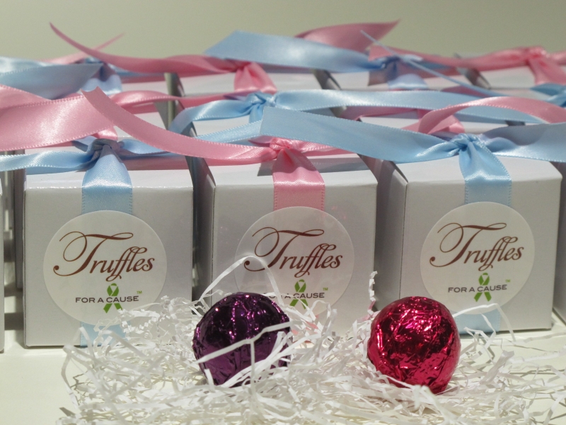 Pink & Lt. Blue ribbons on white foil favors with chocolate amaretto and raspberry foil truffles displayed in front.