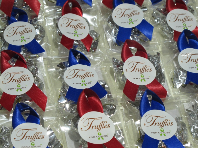 Scarlet & Royal Blue ribbons Mini Favors with silver chocolate mini truffles ready for shipping.
